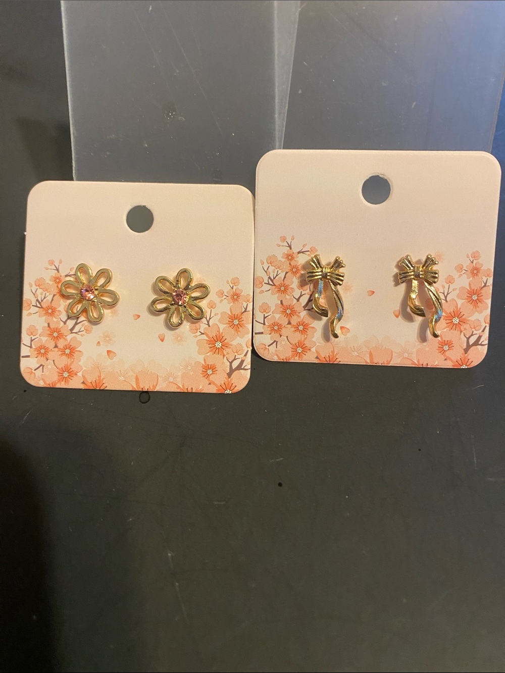 Gold Flower & Bow Stud Earring Duo - Pink Crystal Accent